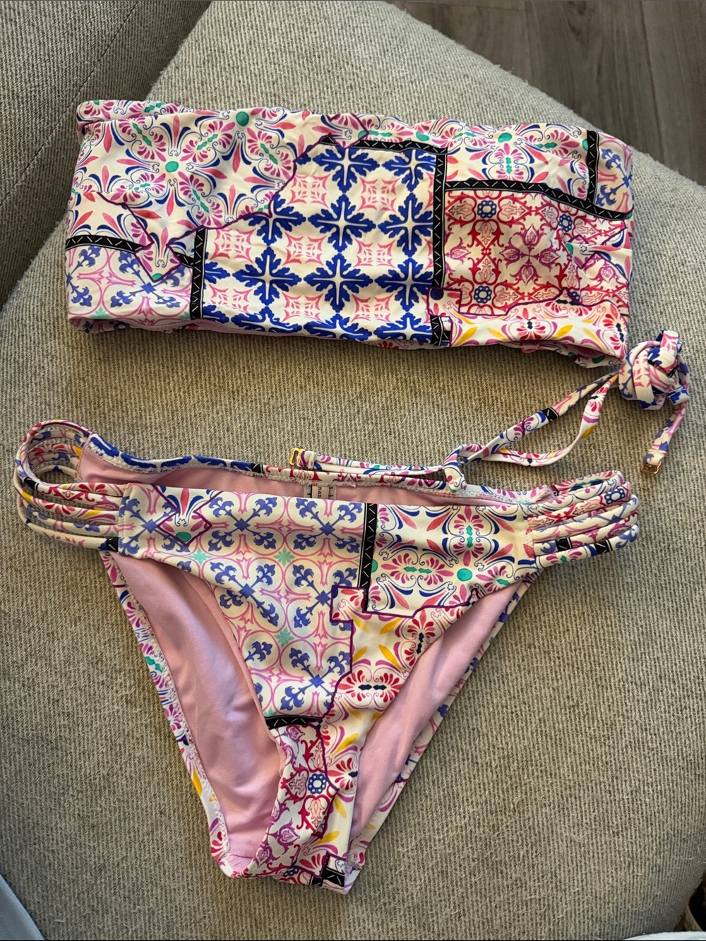 Nanette Lepore Tile Patchwork Bandeau Bikini - Pink & Blue